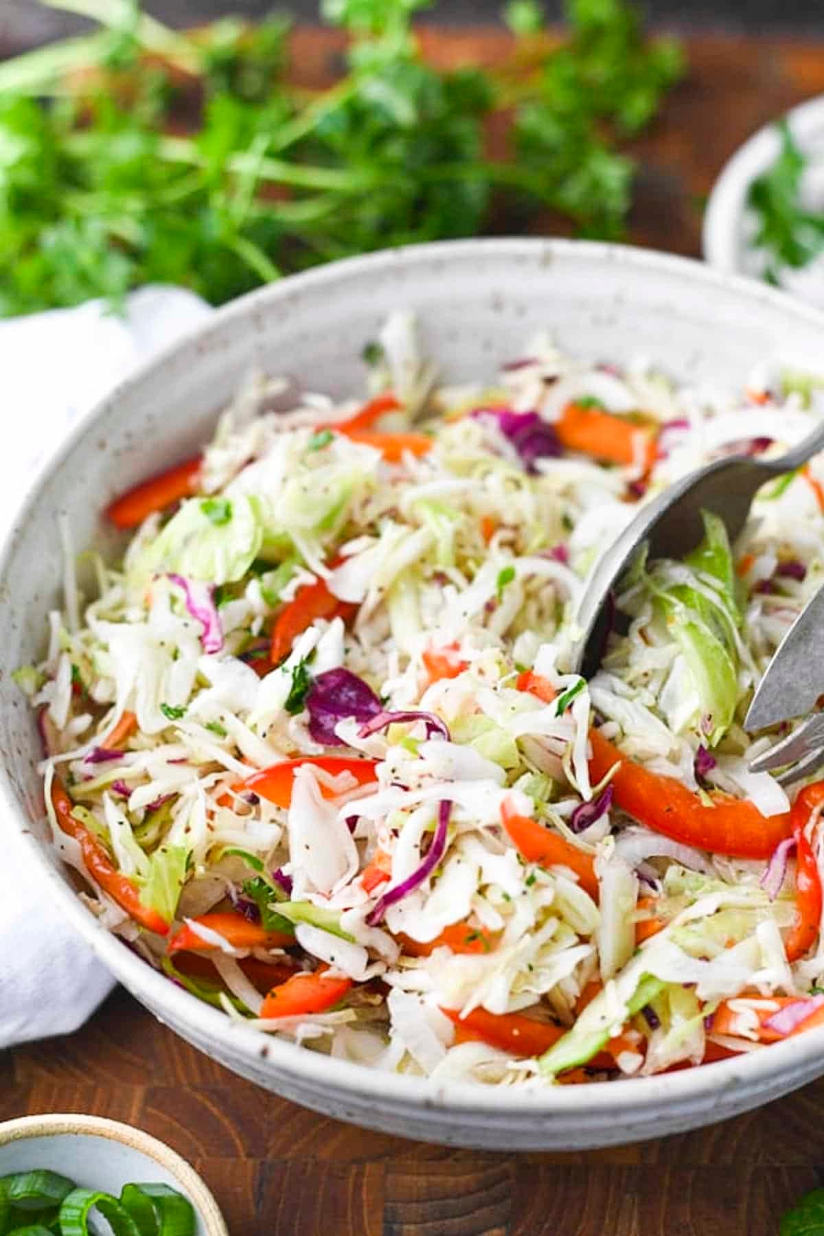 Close up side shot of serving tongs in a bowl of vinegar coleslaw.