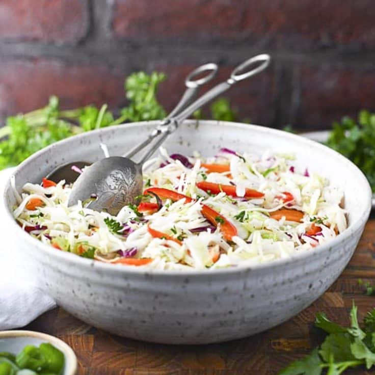 Square side shot of a bowl of old fashioned coleslaw with vinegar on a wooden table.