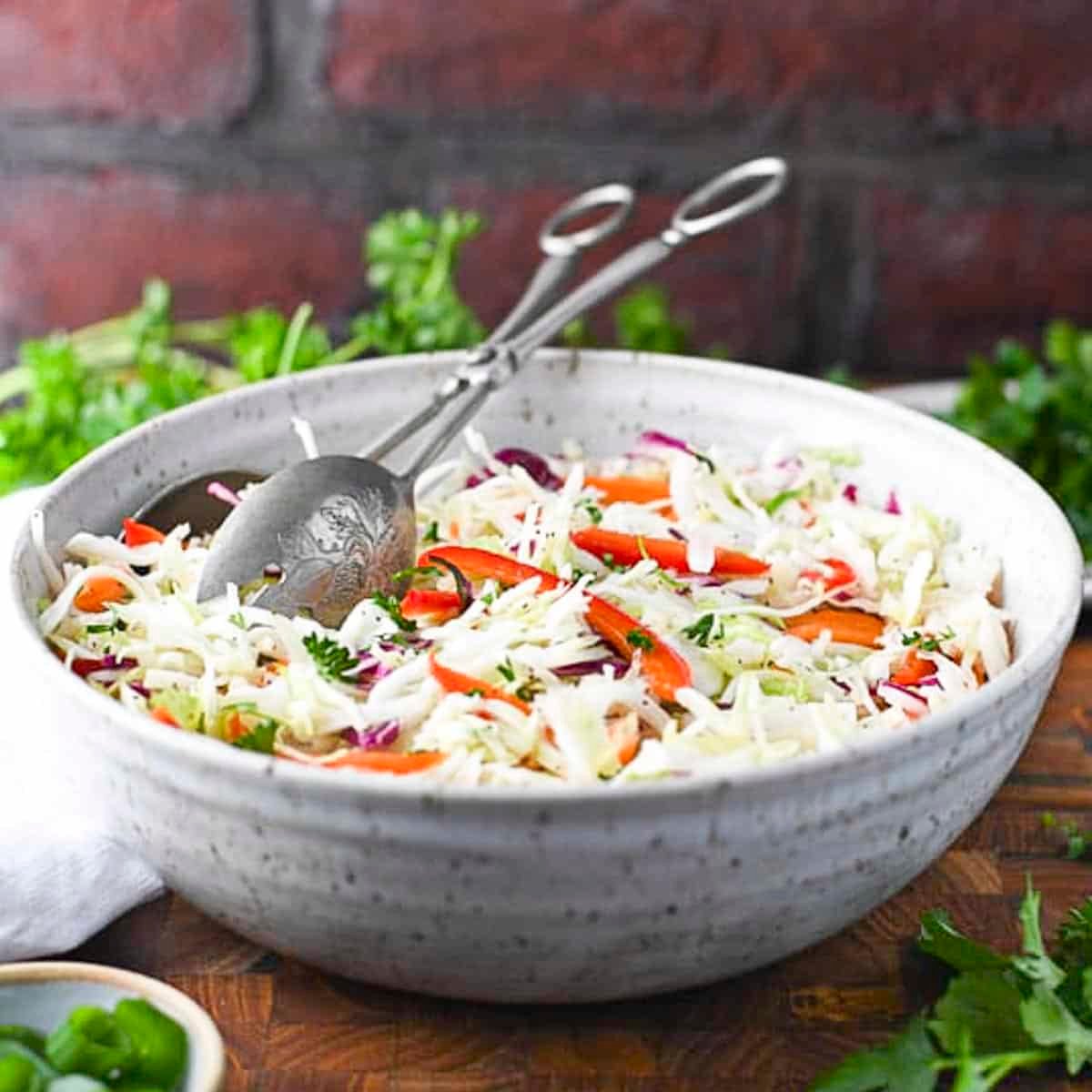 Square side shot of a bowl of old fashioned coleslaw with vinegar on a wooden table.