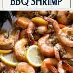 Close up shot of barbecue shrimp with text title box at top