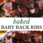 Long collage image of baked baby back ribs
