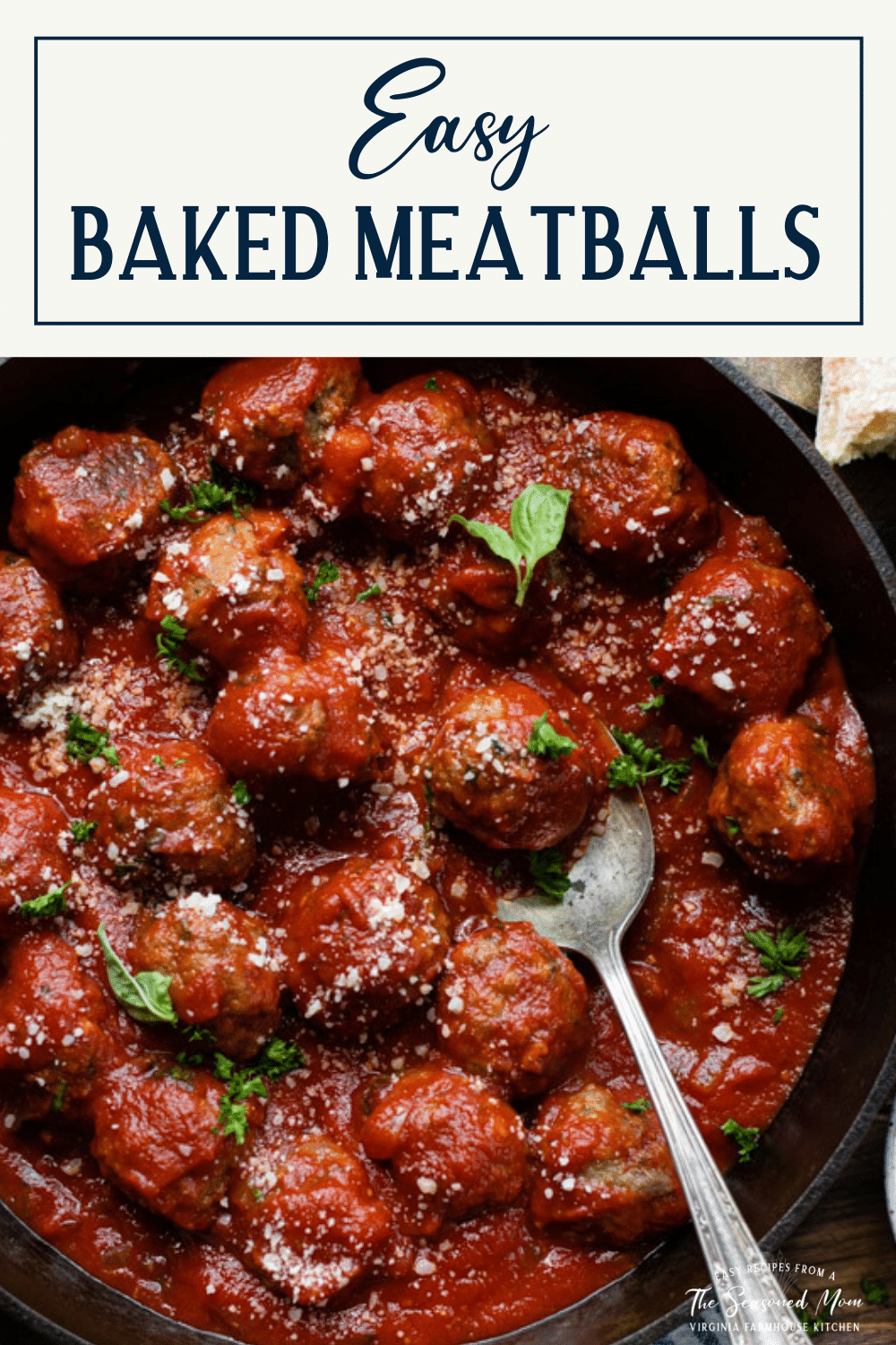Spoon serving a pan of baked meatballs with text title box at top