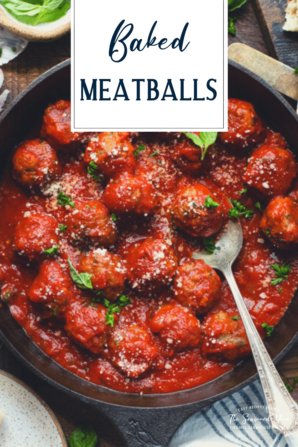 Easy Italian baked meatballs in a skillet with text title overlay