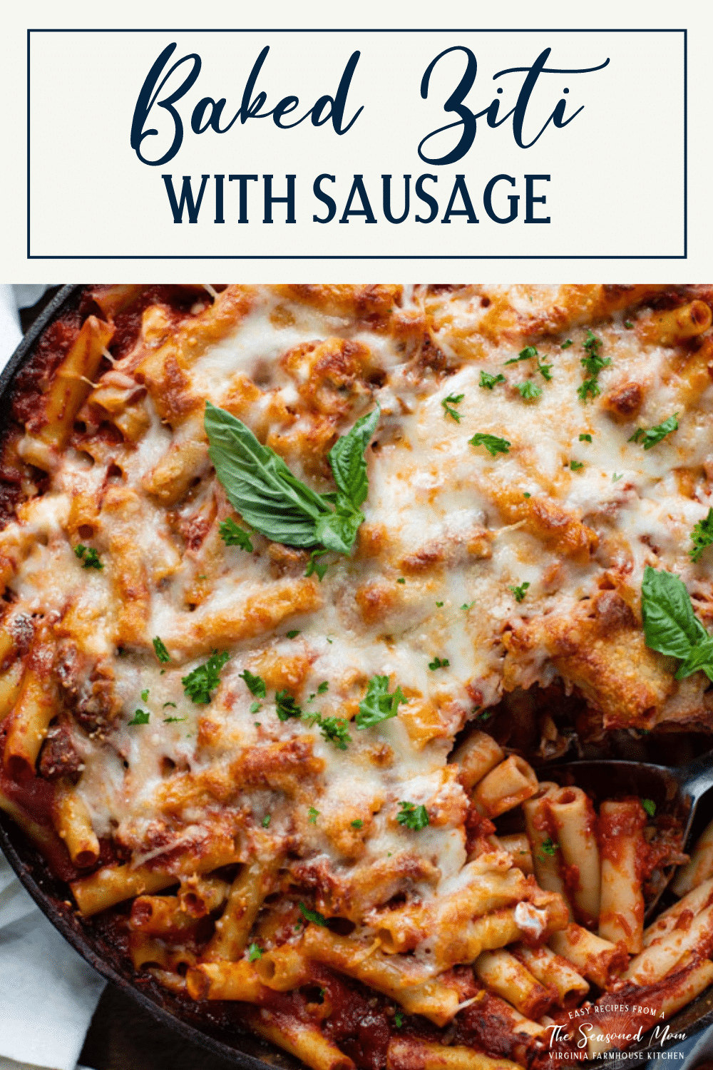 Skillet of baked ziti with text title box at top