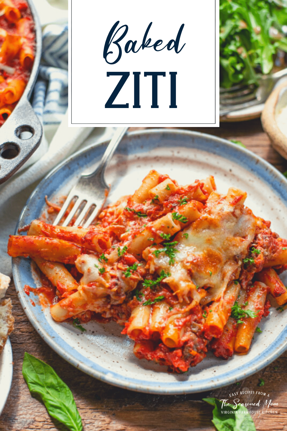Plate of baked ziti with text title overlay