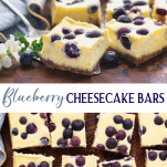 Long collage image of blueberry cheesecake bars