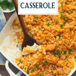 Wooden spoon serving chicken casserole with text title overlay