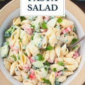 Close up shot of easy pasta salad with mayo and text title overlay