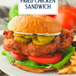 Fried chicken sandwich close up shot with text title overlay