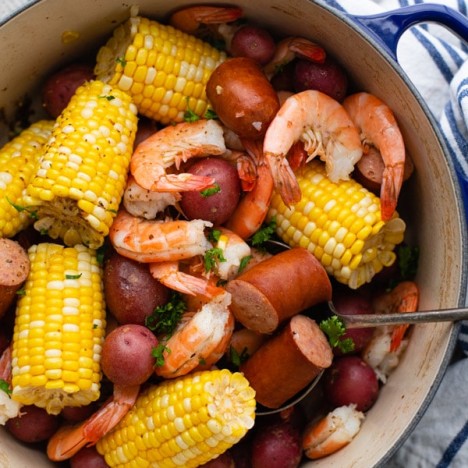 Overhead shot of a pot of the best Frogmore Stew recipe