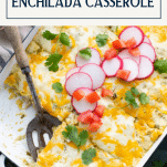 Overhead shot of green chicken enchilada casserole in a white dish with text title box at top