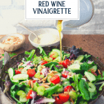 Side shot of pouring dressing on salad with text title overlay