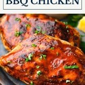 Grilled bbq chicken breast with text title box at top.