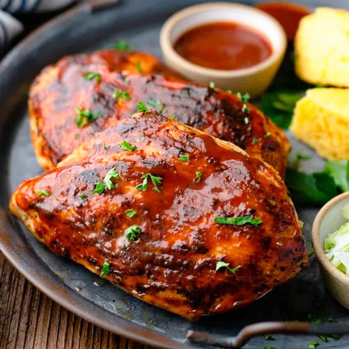 Close up square image of grilled bbq chicken breast.