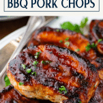 Close up shot of grilled pork chops with barbecue sauce and text title box at top
