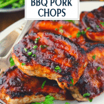 Close up shot of grilled bbq pork chops with text title overlay