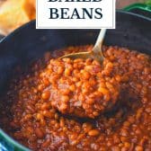 Homemade baked beans with bacon and molasses and text title overlay.