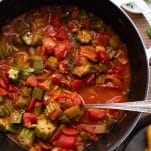 Overhead image of the best okra and tomatoes recipe in a Dutch oven