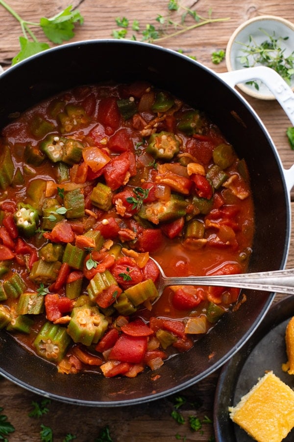 Overhead image of the best okra and tomatoes recipe in a Dutch oven