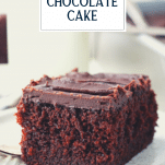 Front shot of a slice of buttermilk chocolate cake with text title overlay