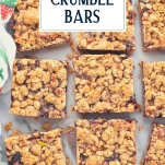 Overhead shot of raspberry crumble bars with text title overlay