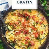 Zucchini gratin with text title overlay.