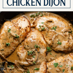 Close up shot of Dijon mustard chicken in a skillet with text title overlay