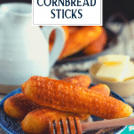 Side shot of a plate of old fashioned cornsticks with text title overlay