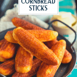 Close up side shot of corn sticks with text title overlay
