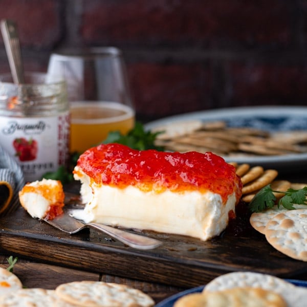 Square side shot of pepper jelly and cream cheese spread