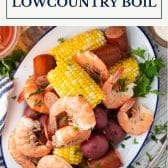 Lowcountry boil on a platter with text title box at top