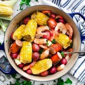 Square overhead shot of a pot of frogmore stew lowcountry shrimp boil recipe