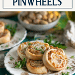 Side shot of easy Italian Pinwheels on a plate with text title box at top