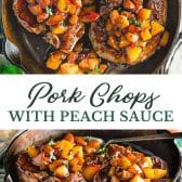 Long collage image of pork chops with peach sauce