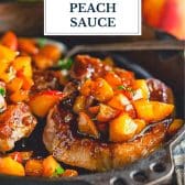 Pork chops with peach sauce and text title overlay.