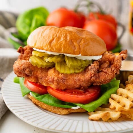 Square side shot of a fried chicken sandwich.