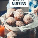 Close up shot of apple cider donut muffins in a basket with text title overlay