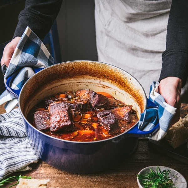 Braised short ribs in a Dutch oven
