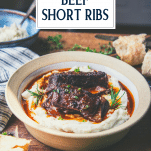 Bowl of mashed potatoes and braised beef short ribs with text title overlay