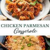 Long collage image of chicken parmesan casserole.