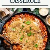 Chicken parmesan casserole with text title box at top.