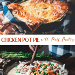 Long collage image of chicken pot pie with puff pastry
