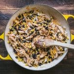 Chicken corn and black beans in a skillet