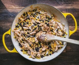 Chicken corn and black beans in a skillet
