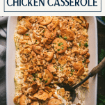 Overhead image of a chicken and poppy seed casserole with text title box at top