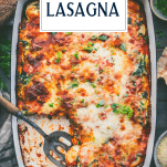 Overhead shot of ravioli lasagna with text title overlay