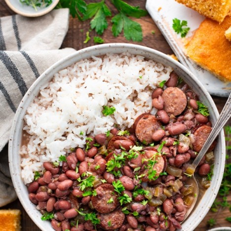 Overhead shot of a bowl of New Orleans Red Beans and Rice recipe