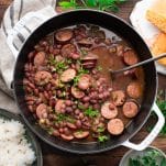 Horizontal image of a pot of louisiana red beans and rice