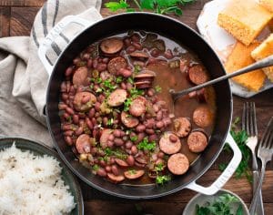 Horizontal image of a pot of louisiana red beans and rice