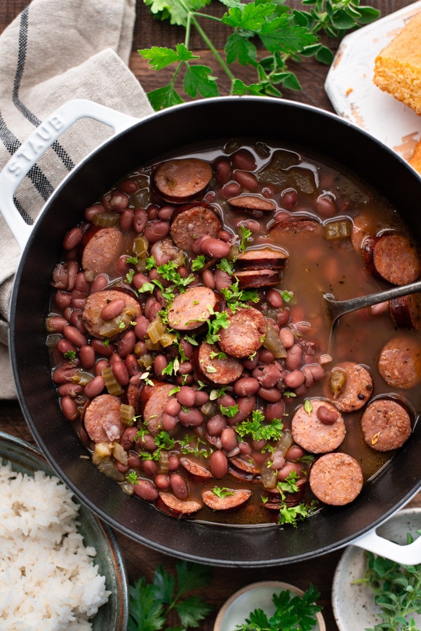 Overhead image of a pot of easy red beans and rice